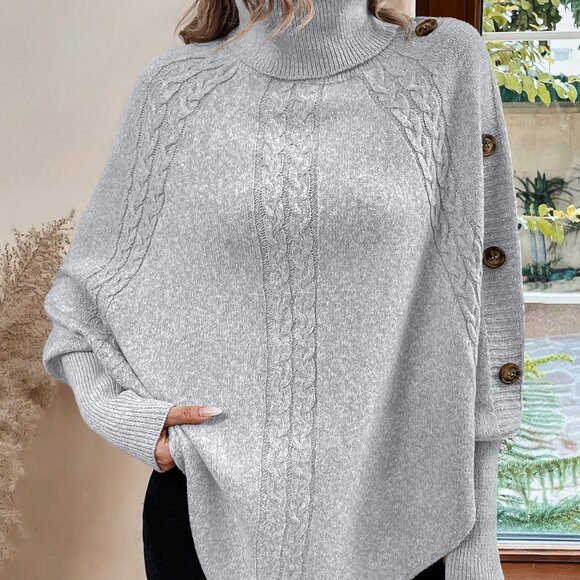 Light Grey Casual Women's High Neck Batwing Sleeve Sweater With Asymmetrical Hem - Picture 5 of 7